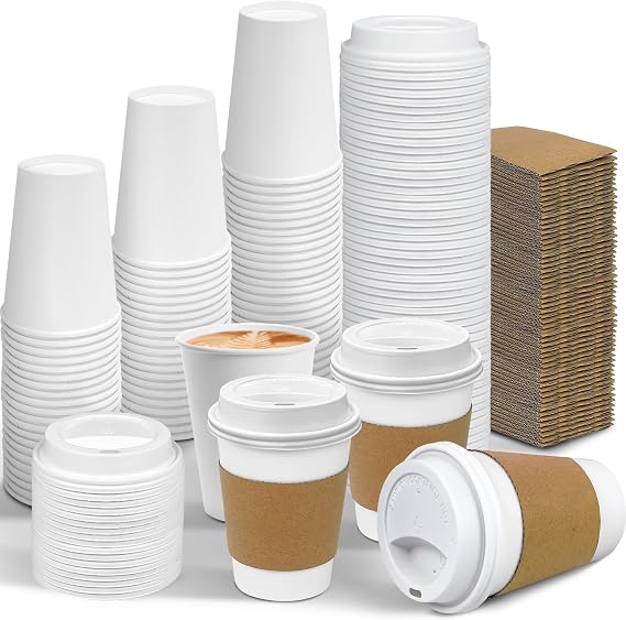 Ginkgo 100 Pack 12 oz Leak-Proof Coffee Cups with Lids and Sleeves