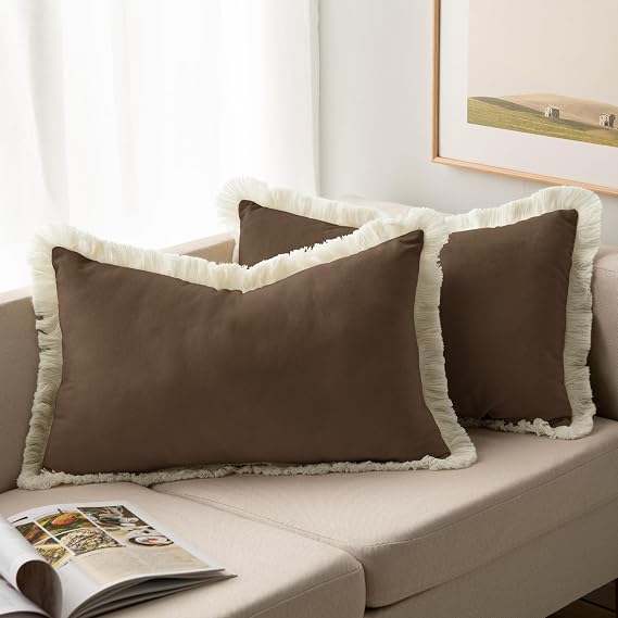 DWCN Pack of 2 Throw Pillow Covers 12x20 Inch Brown Farmhouse Decorative Pillow Covers with Tassels Soft Velvet Pillow Covers for Sofa Bed Living Room (No Pillow Insert)