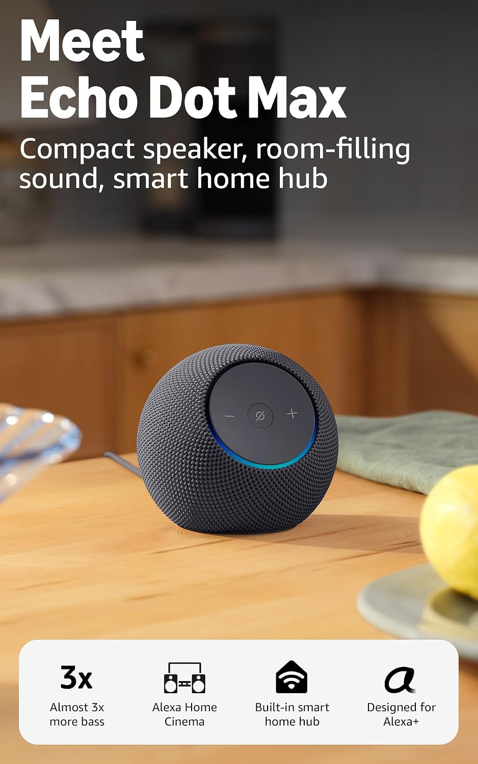 Amazon Echo Dot Max (newest gen), Bluetooth speaker with room-filling sound and built-in smart home hub, Graphite, with Alexa+ Early Access