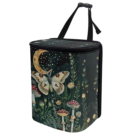 Moon Mushroom Moth Car Trash Can Foldable with Adjustable Straps Organizer Bag for Trip Camping Picnic Auto Garbage Can for Console Front Rear Seat Trash Bin for SUV Van Sedan Truck