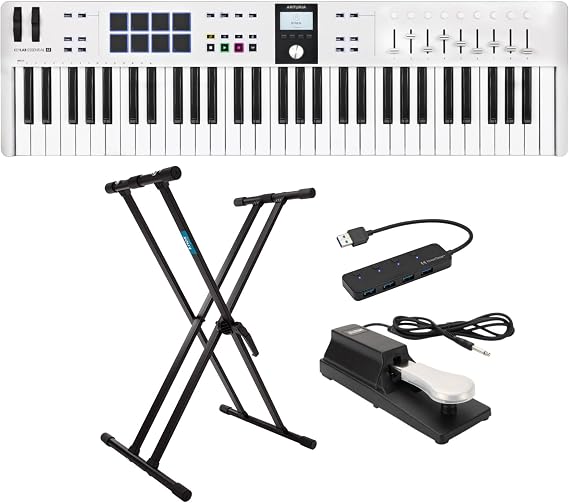 Arturia KeyLab Essential 61 mk3 MIDI Universal Keyboard Controller with Custom DAW Scripts (White) Bundle with Adjustable Double X Keyboard Stand, Piano Style Sustain Pedal, and 4-Port USB (4 Items) | Includes Adjustable Double X Keyboard Stand, Piano Style Sustain Pedal, and 4 Port USB. with Custom DAW Scripts (White)