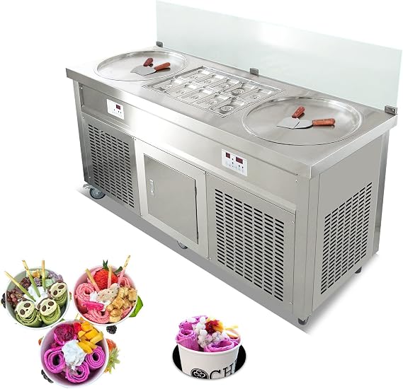 Commercial 21'' dia pan Certificate Fried Ice Cream Rolled Machine, Double Round Pans + 10 pcs Refrigerated Tanks Fry Frozen Yogurt Ice Cream Maker