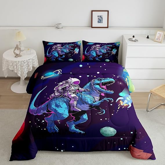 Feelyou Outer Space Comforter Astronaut Rocket Bedding Set Galaxy Cosmonaut Spaceman Kids Dinosaur Comforter Set for Children Boys Girls Universe Planets Duvet Set Room Decor Quilt Set Twin Size