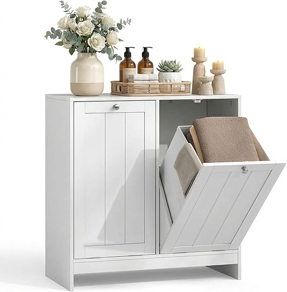 Laundry Hamper Cabinet Double Tilt Out Laundry Hamper 11.8 Gallon Hidden Laundry Storage with 2 Removable Baskets Fluted Trash Can Cabinet for Kitchen Bathroom