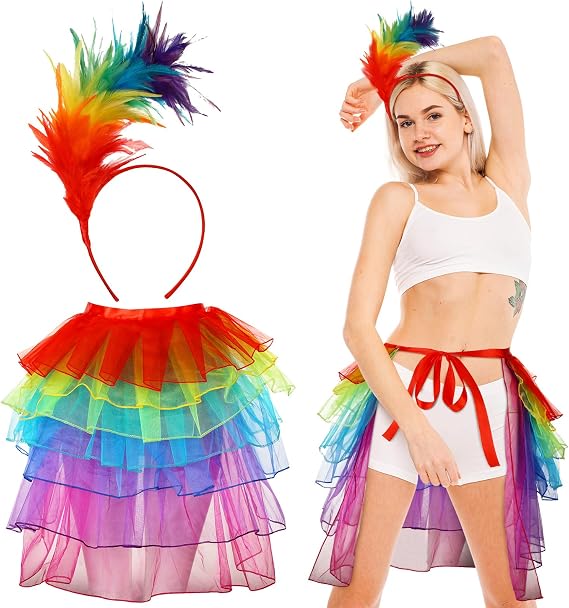 2 Pcs Rainbow Feather Headband and Layered Rainbow Tutu Skirt Mardi Gras Feather Headband Dancing Ruffle Skirt for Women Halloween Carnival Party