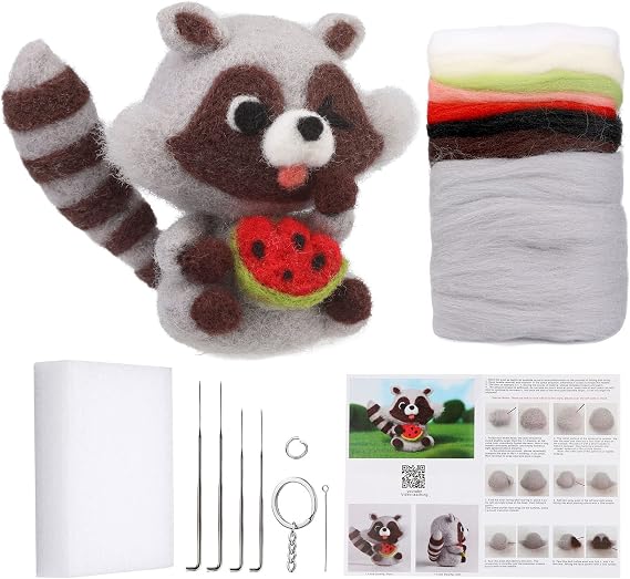 JUPEAN Needle Felting Kits for Beginners Adult Wool Felting kit Raccoon | Needle Felting Supplies Needle Felting Kit Beginner with Felting Wool Felting Needles Foam Mat for Diy Projects