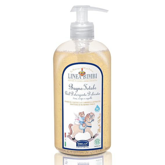 Helan Linea Bimbi Bio - Baby Shampoo & Body Wash, Baby Wash Gel with Marigold & Chamomile Flower Extracts, Kids Shampoo & Gentle Cleanser with Sweet Almond Protein for Baby Bath Made in Italy 500fl oz