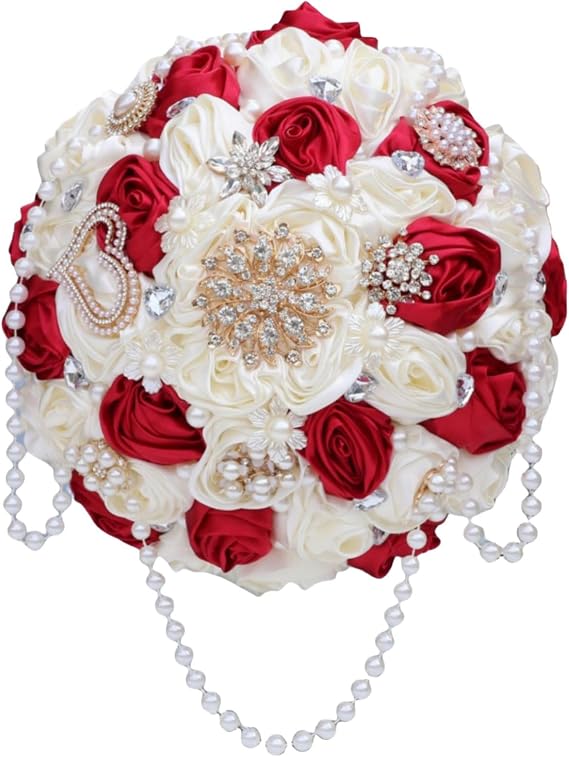 Burgundy and Ivory Bridal Wedding Bouquet with Rhinestone Brooch Pearl String Cascade Bouquet for Bride Bridesmaid Quinceanera Satin Rose Flower Bouquet Wedding Ivory and Burgundy 8.7in