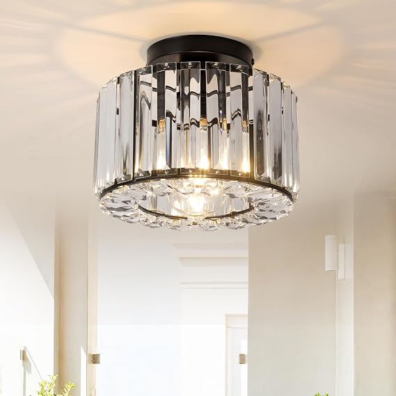 Modern Crystals Ceiling Lighting Fixtures, Black Small Ceiling Lamp, Semi Flush Mount Ceiling Light for Kitchen Hallway Dining Rooms Living Rooms