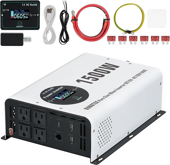 1500W Pure Sine Wave Power Inverter with Peak 3000W-12V to 120V AC, Wireless Remote Control, 4 AC Outlets, 2 USB & Type-C Ports for RV, Off Grid Solar