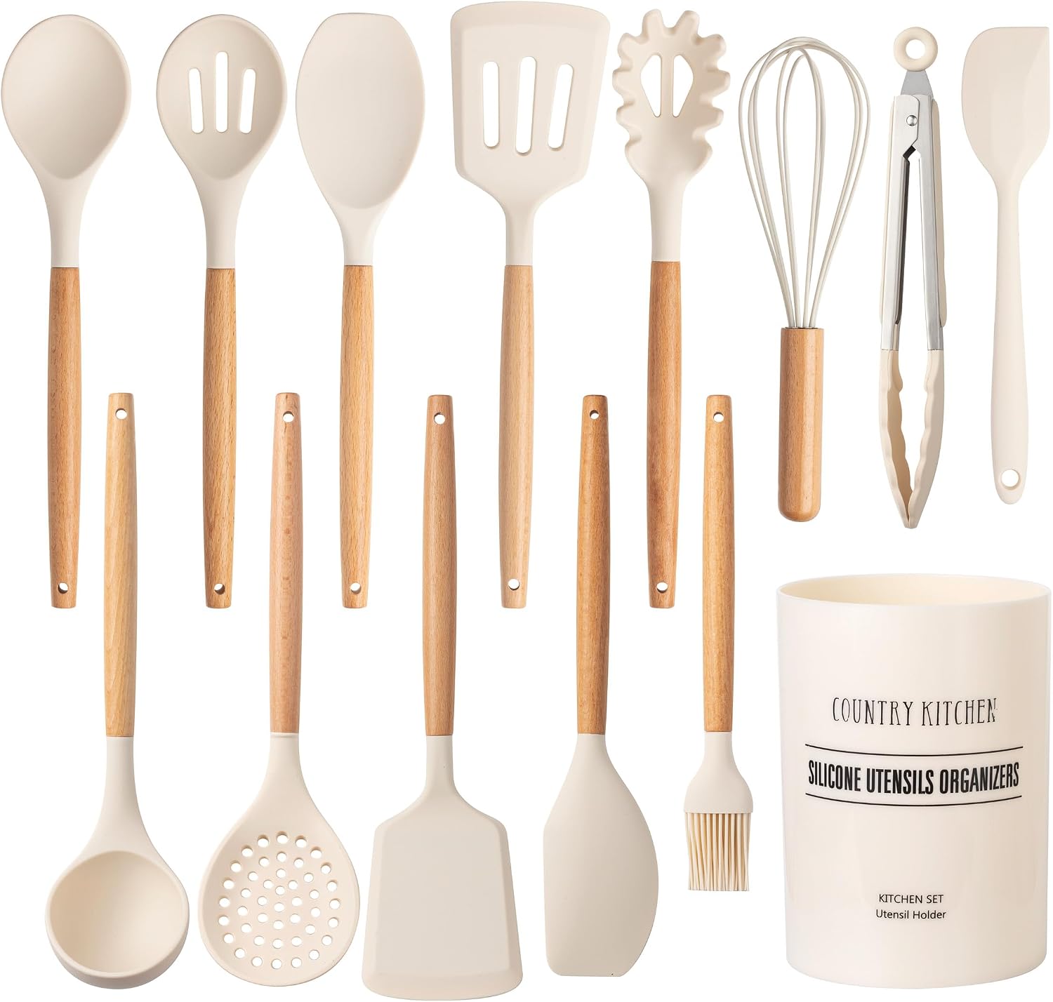 Country KitchenSilicone Cooking Utensils, 14 Pc Kitchen Utensils Set, Easy to Clean Wooden Kitchen Utensils, Cooking Utensils for Nonstick Cookware, Kitchen Gadgets and Spatula Set