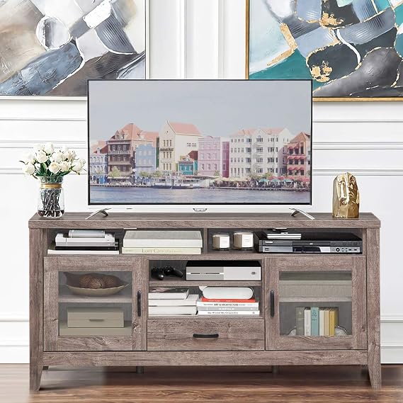 SILKYDRY Tall TV Stand w/2 Glass Door Cabinets, 4 Open Shelves, Drawer & 6 Legs, Farmhouse Wooden TV Console Table for TVs up to 65", Media Entertainment Center for Living Room, Bedroom & Playroom
