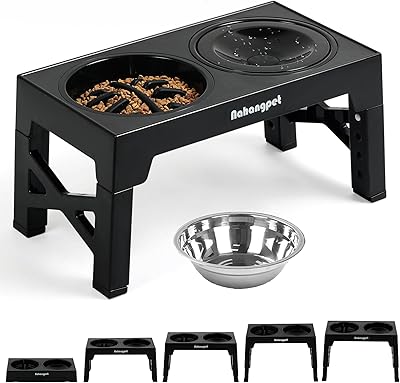 3-in-1 Elevated Slow Feeder Dog Bowls for Food and Water, 5 Heights Adjustable Raised Dog Bowls, Non-Slip, No Spill, for Small Medium Large Dogs and CatsBlack