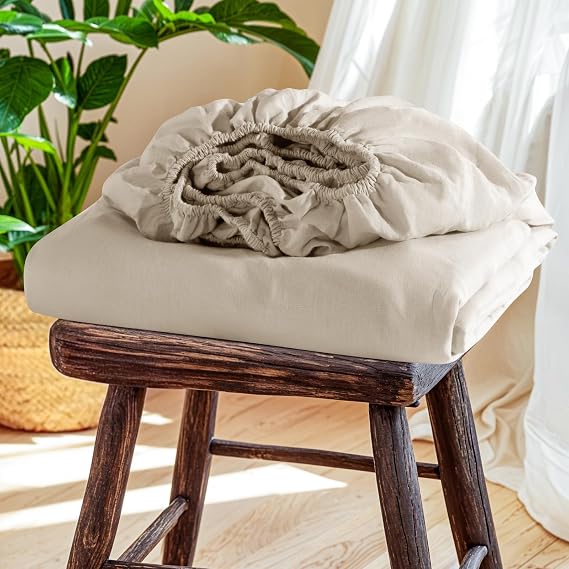 SONORO KATE 100% French Linen Fitted Sheet(1 Piece),Stone Washed,Queen Size