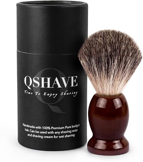 QSHAVE 100% Best Original Pure Badger Hair Shaving Brush Handmade. Real Wood Base. Perfect for Wet Shave Safety Razor Double Edge Razor