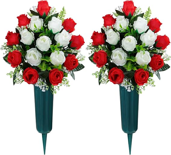 Artificial Cemetery Flowers with Vase, Artificial Headstone Memorial Flowers Rose Bouquet for Graveyard Grave Cemetery Decoration, Set of 2 (Red&White)