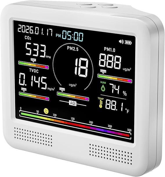 Indoor Air Quality Monitor for Home, CO2 Detector with PM2.5 PM10, Formaldehyde TVOC Sensor, AQI Temperature Humidity Display(White)