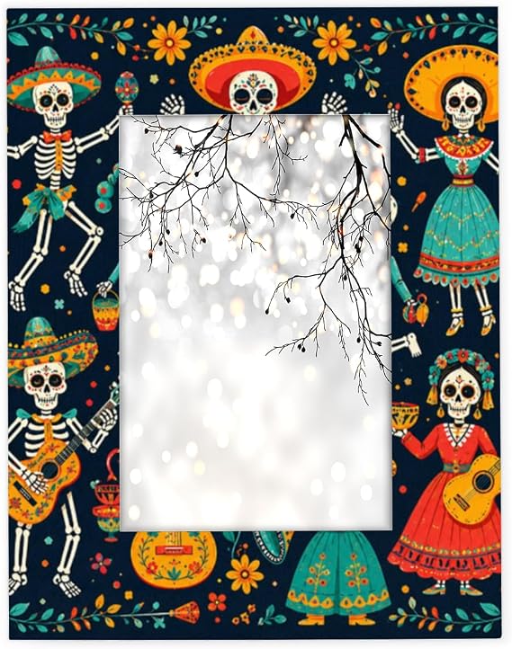 Day Of The Dead Skull 4x6 Picture Frame Made of Wood Fits 4x6 or 3.5x5 Photo Frames with Shatter Resistant Acrylic for Wall or Tabletop Display Mexican Fiesta