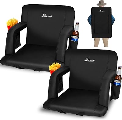 Romswi 2 Pack Wide Backpack Reclining Stadium Seat with Armrests, 6 Adjustable Angle & Hidden Hooks, Bleacher Chair with Padded Backpack Straps & Multiple Pockets for Outdoor 21in