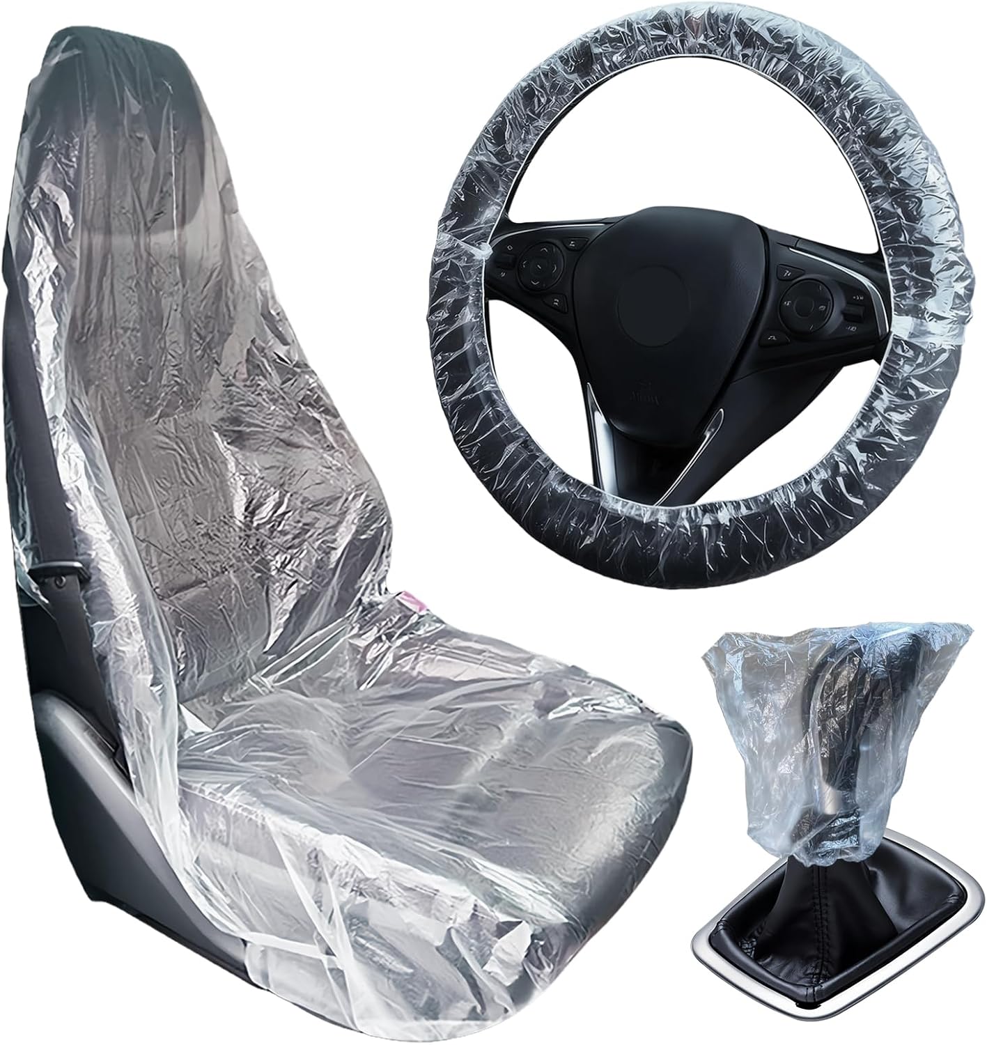 10 Pack Disposable Transparent Plastic Car Seat Covers,Heavy-Duty Waterproof Dustproof Anti-Dirty Protectors, with 10 Steering Wheel Covers&10 Gear Shift Lever Covers,Universal Fit for All Vehicle
