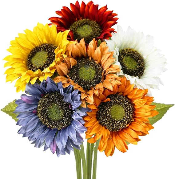 Olrla Long Stem Artificial Sunflowers for Fall Decor (6 Mixed Colors)