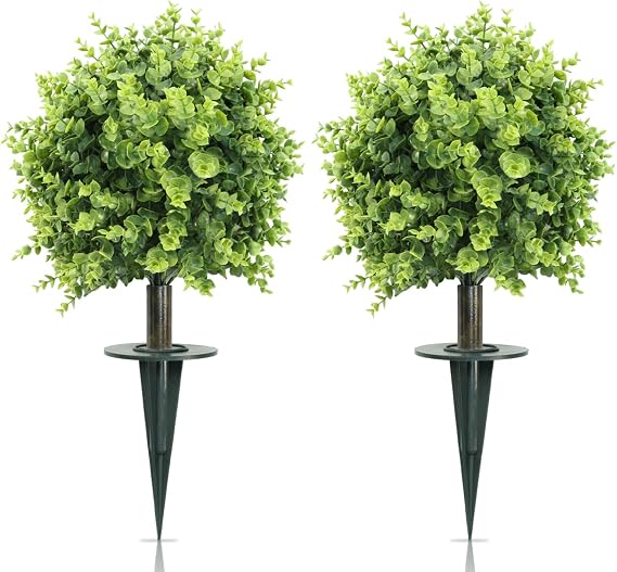 24Inch Artificial Eucalyptus Topiary Balls Trees 2-Pack UV Resistant Weatherproof Faux Shrubs lifelike Fake Plants with ground Spikes for Front Door Summer Garden Wedding Outdoor Decor