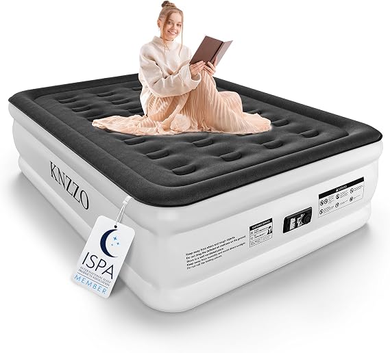 KNZZO Full Air Mattress with Built-in Pump, 18" Top Inflatable Mattress with Waterproof Flocking Fabric, Three-Minute Quick-Inflatable Bed. Portable Blow Up Mattress for Home, Outdoor and Guests