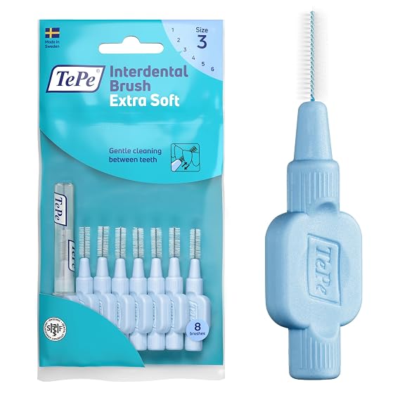 TePe Interdental Brush Extra Soft, Supersoft Dental Brush for Teeth Cleaning, Pack of 8, 0.6 mm, Medium Gaps, Blue, Size 3 | Plaque removal, Effective clean between the teeth, for Sensitive gums and teeth, Brush for small gaps