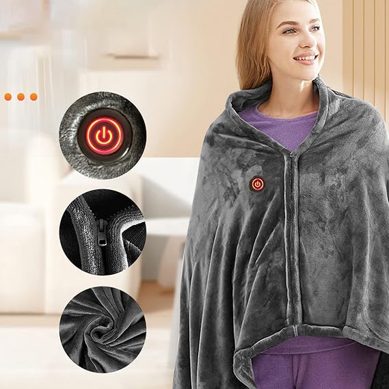 USB Heated Blanket Shawl,Wearable Electric Blanket with 3 Heating Levels Heated Electric Throw Blanket,Wearable Portable Throw Poncho Wrap for Shoulder and Neck, Machine Washable, 59x 33.5inch, Grey