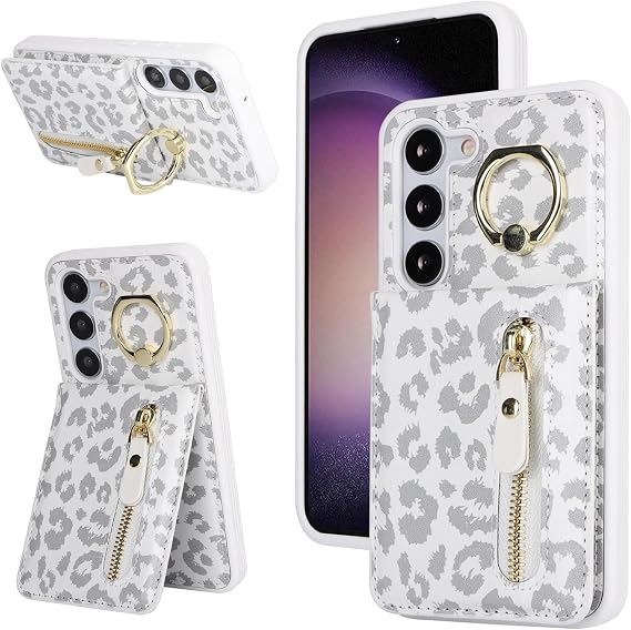 for Samsung Galaxy S23 5G Phone Case with Card Holder,Galaxy S23 5G Case Wallet for Women Men with 360 Rotation Ring Kickstand, Leather Zipper Wallet Case,6.1",White Leopard