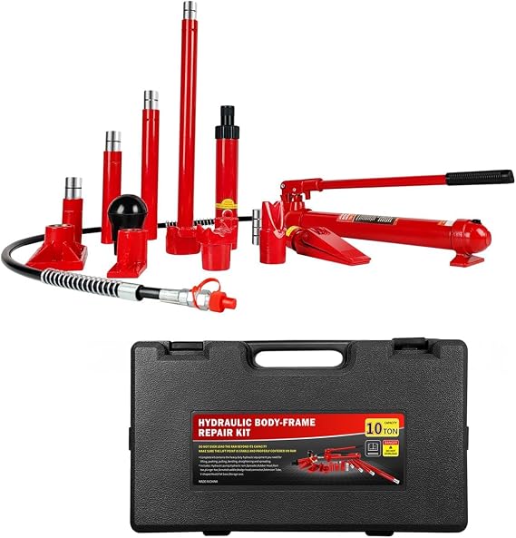 10 Ton Porta Power Hydraulic Ram Kit, 17-Piece Heavy Duty Auto Truck Tractor Equipment Repair Set with Carrying Case, 20,000 LBS Capacity, Max Lift 5.1 Inch