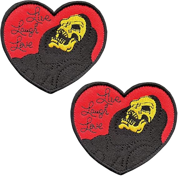 2 Pcs Live Laugh Love Funny Skull Heart Patch, Positive Skull Embroidered Hook Loop Patches Emblem Badge Applique Repair Patch DIY Craft Accessories