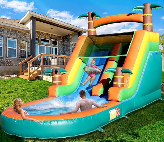 21FT Commercial Grade Inflatable Water Slides for Kids Adults, Solid PVC Heavy Duty Big Backyard Waterslide W/Airtight Splash Water Pool, Tropical Outdoor Slide Park, 950w Blower, 21x9x12ft