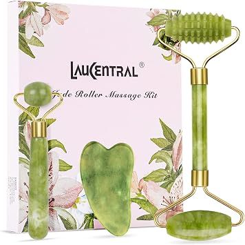 3 PCS Jade Roller & Gua Sha Massage Kits, LauCentral Natural Anti-Aging Face Roller for Eye Puffiness Treatment, Skin Tightening, Rejuvenate Face & Neck, Natural Green Massager