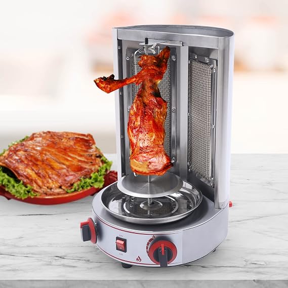 Shawarma Machine Gas Vertical Doner Kebab Grill Stainless Steel BBQ Gril 360 Rotating Gyro Rotisserie Propane Broiler with 2 Burner for Commercial Home Restaurant Kitchen (white)