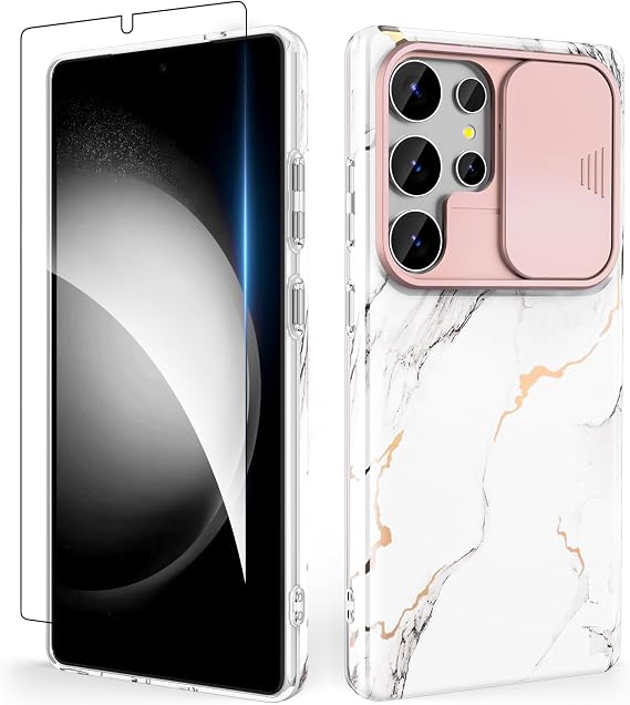 SHEDEER Case for Samsung S25 Ultra - Sliding Camera Cover & Screen Protector Samsung Galaxy S25 Ultra Case Chic Pattern Shockproof Slim Mobile Phone Case for S25 Ultra - Marble