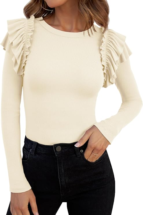 Tankaneo Womens Ruffle Long Sleeve Shirts Fitted Ribbed Knit Tops Fall Casual Crew Neck Tees