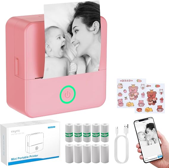 eSynic Portable Mini Sticker Printer-500mAh USB-C Rechargeable-Bluetooth Mini Printer-Lnkless Printing- with 10 Rolls Adhesive & Thermal Paper for Study Notes/Labels/Stickers/Tasks-No Colorful