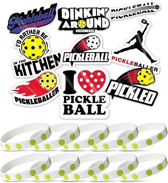 Pickleball Sticker Set 9 Fun Vinyl Stickers + 10 First Server Wristbands Pickleball Accessories & Gifts for Players, Teams & Tournaments