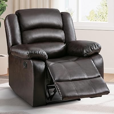 Manual Recliner Chair with Overstuffed Arm and Extra-Padded Back, Breathable PU Leather Reclining Chair for Adults, Single Sofa for Living Room, Bedroom Dark Brown