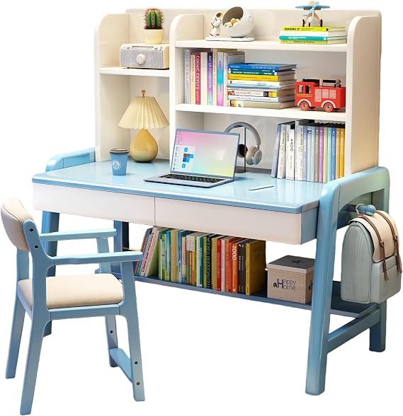 Home Office Computer Desk with Storage Shelves, Solid Wood Writing Table with Cable Management & Side Hooks, Height Adjustable Workstation for Small Spaces(Blue,W/CHR,33.9in)