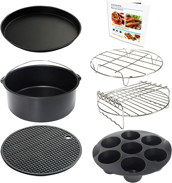Air Fryer Accessories Set of 7 with 8 Inch Egg Bites Mold, Pizza Pan, Cake Barrel, Skewer Rack, Silicone Mat for 3.5Qt-5.8Qt Phillips Nuwave Gowise Gourmia Ninja Dash Air Fryer