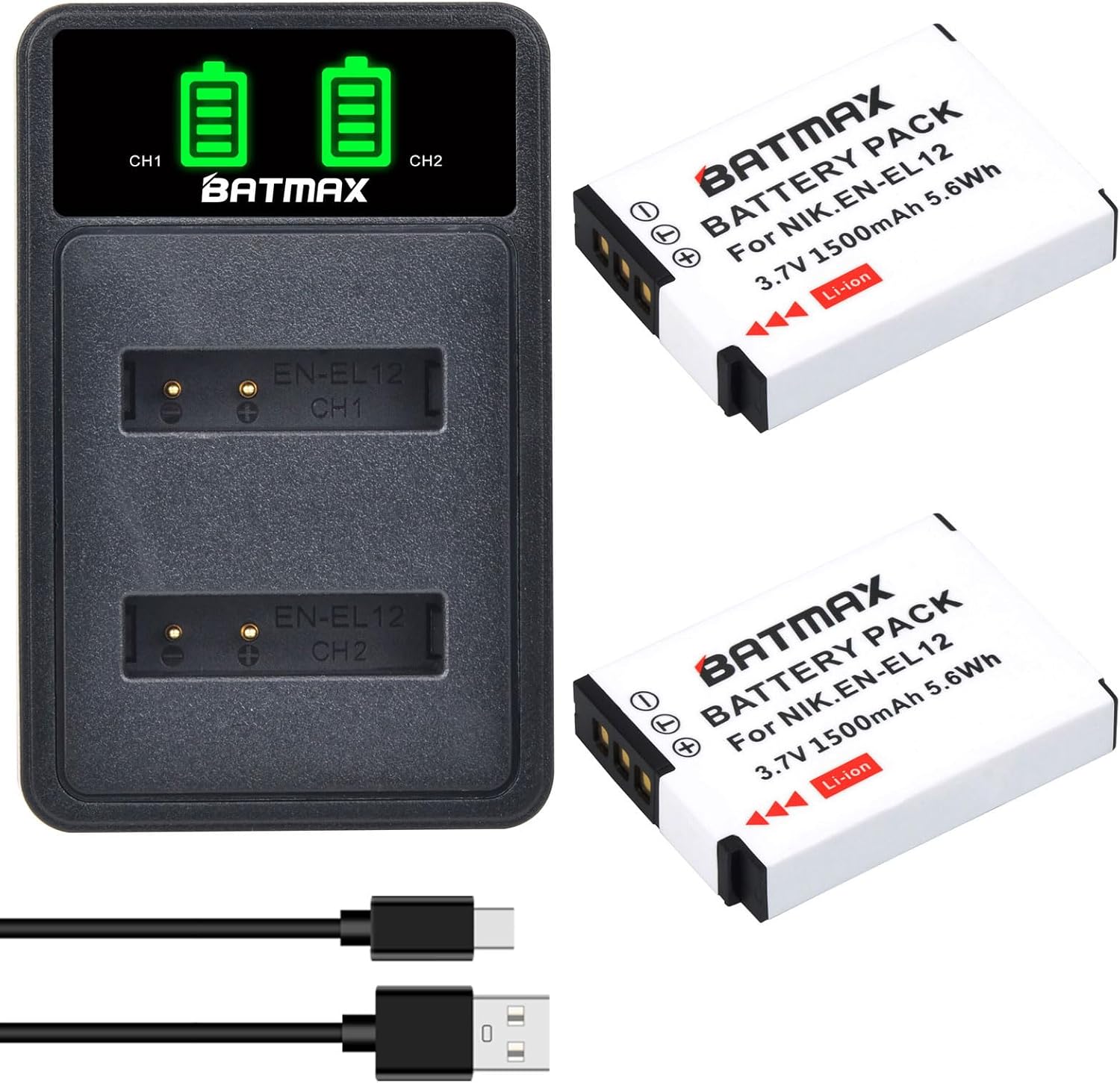 Batmax 2Pcs EN-EL12 Battery  Quick LED Dual Charger for ikon Coolpix A1000, B600, Coolpix AW130, A900, S710, S70, W300, S1200pj, S9900, S9500, S9300, S9200, S8200, S6300, S6200, S6100, S800C