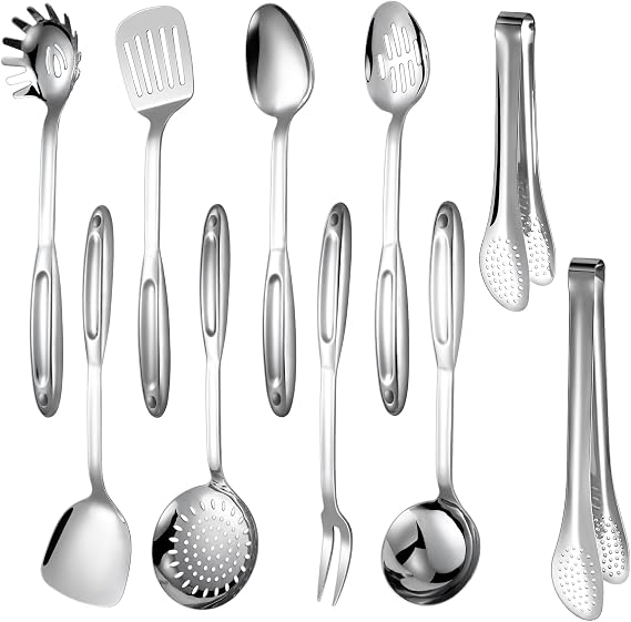 304 Stainless Steel Kitchen Utensils Set, 10 Pcs Stainless Steel Cooking Utensils Set, Heat Resistant Metal Kitchen Tools Spatulas Set, Spatulas, Spoons, Ladle, Meat Fork and Skimmer