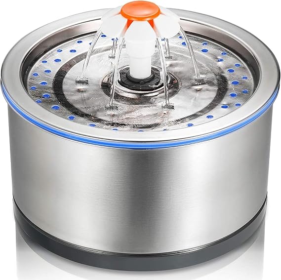 Pet Water Fountain Stainless Steel, 84oz/2.5L, 4-Stage Filtration, Ultra Quiet Metal Cat Water Fountain with LED Light & Filter for Pet, Kitty & Dog