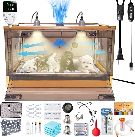 Puppy Incubator with Heating and Fan, Ideal Incubator for Puppies and Kittens with Puppy Heating Bed Mat, Ensures Good Ventilation and Temperature Control for Newborn Pets (86L)