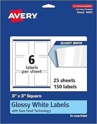 Avery Square Labels, Sure Feed Technology, 3 x 3, 150 Glossy White Labels 36482