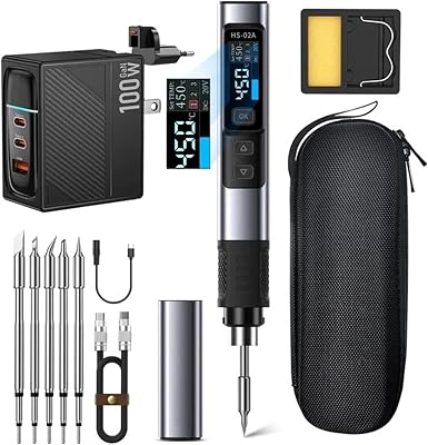 For FNIRSI HS02A For Smart Electric Soldering Iron PD 100W Constant Temperature Kits CNC Metal Shell, 0.96 Inch HD Colour ScreenHigh 6 HeadsEU