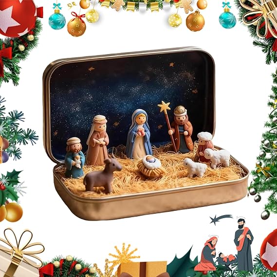 Mini Christmas Nativity Set in a Tin Box Portable Mini Nativity Set with Resin Nativity Sets & Figures, Pocket-Size Holy Family Scene for Home Decor or Travel (1PC)