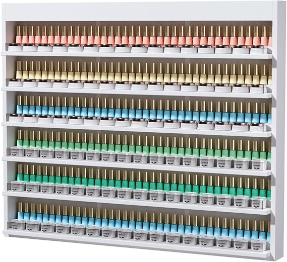 OmySalon Powder & Polish Rack - 6-Tier Double Nail Polish Organizer Wall-Mounted Salon Display Rack with Acrylic Barrier for Nail Salon Spa Home Beauty Studios (White)